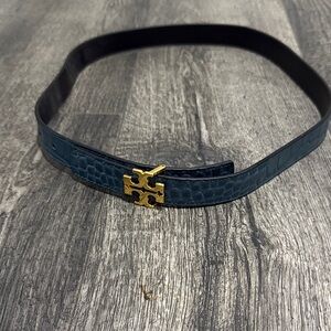 Tory Burch Navy and Gold Croc-Embossed Belt